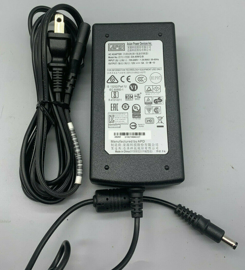 Brand new APD Asian Power Devices DA-60N12 B 12V 5A DA-60N12-B AC DC Power Supply Adapter Charger - Click Image to Close